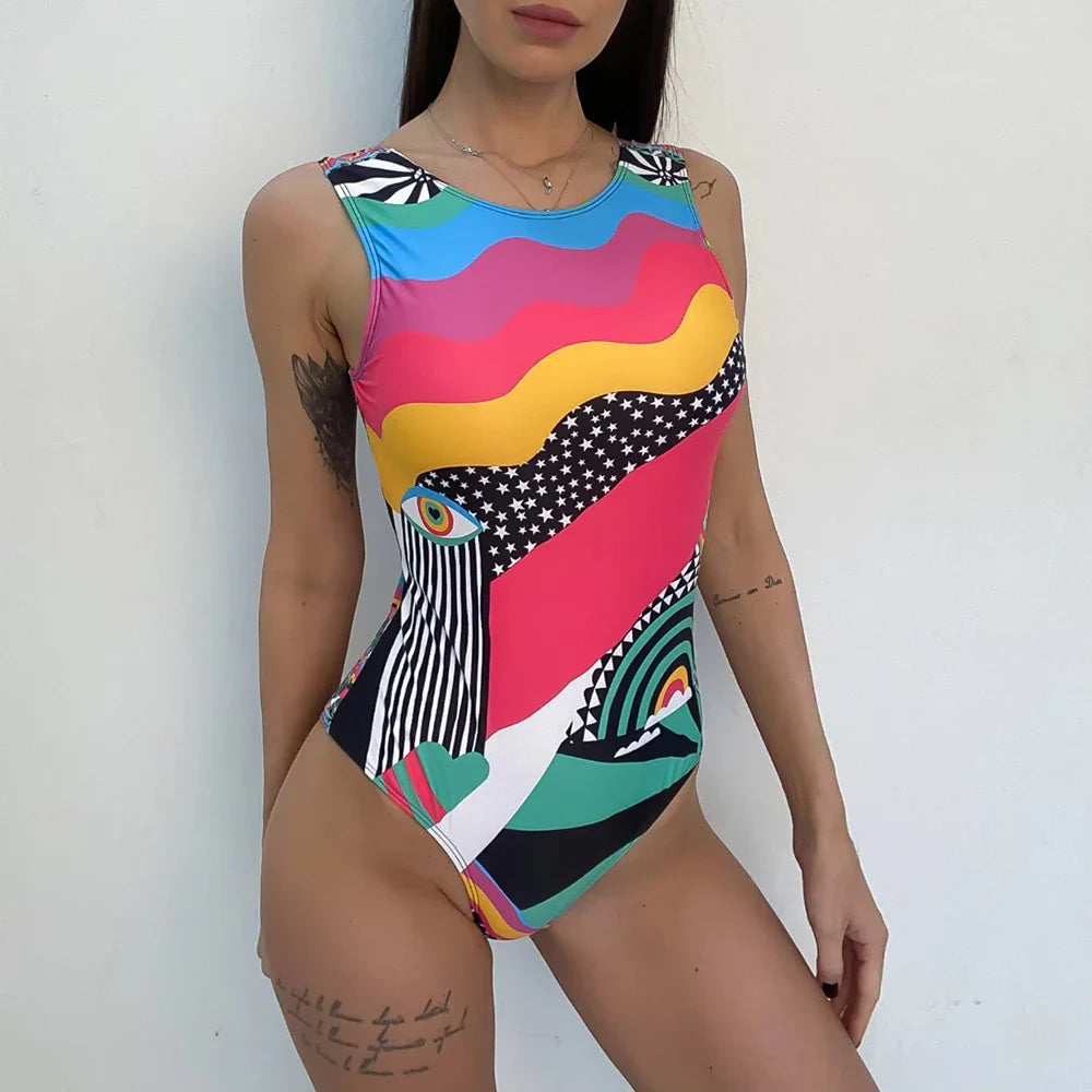 One Piece Swimwear Woman Fashion Abstract Pattern Print Backless Bodysuit Swimsuit Brazilian Beach Bathing Suits