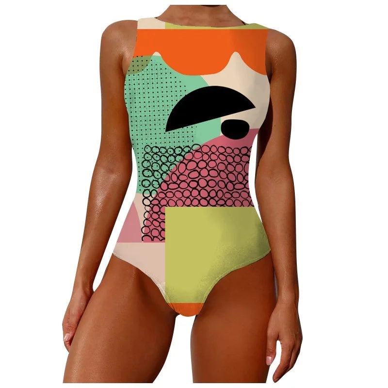 One Piece Swimwear Woman Fashion Abstract Pattern Print Backless Bodysuit Swimsuit Brazilian Beach Bathing Suits