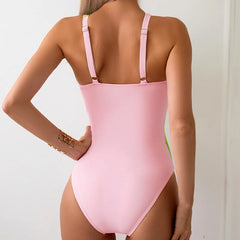 High Waist Belt Bathing Suit Ladies Patchwork One Piece Swimsuit Women Halter Swimwear Bikini Push Up High Leg Beach Wear