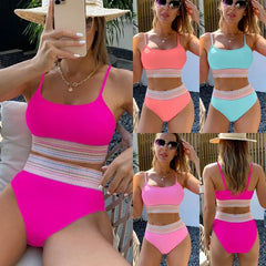 Swimsuits Women's Split Triangle High Waist Top Briefs Bikini Set Solid Color Suspenders Suit