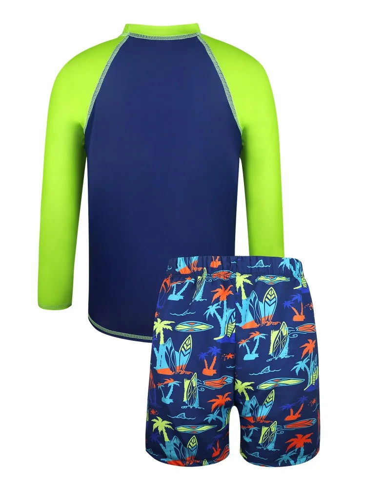 Boys Kids Swimsuit Letter Coconut Tree Print Long Sleeves Children Swimsuit Summer Beach Shorts Bathing Suit Swimming