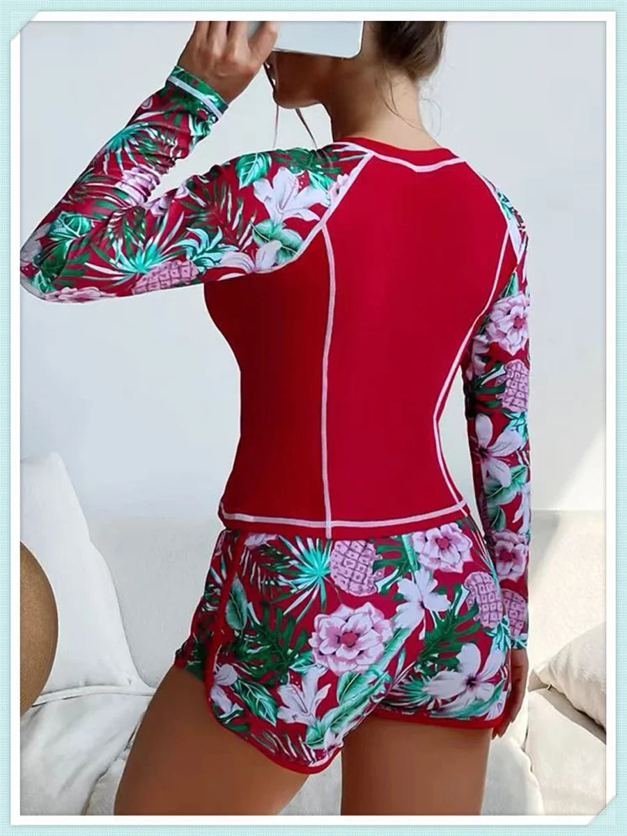 Long Sleeve Rash guard Swimsuit Women Tropical Printed Swimwear Two Pieces Diving Clothes Bathing Suit Surfing Beachwear