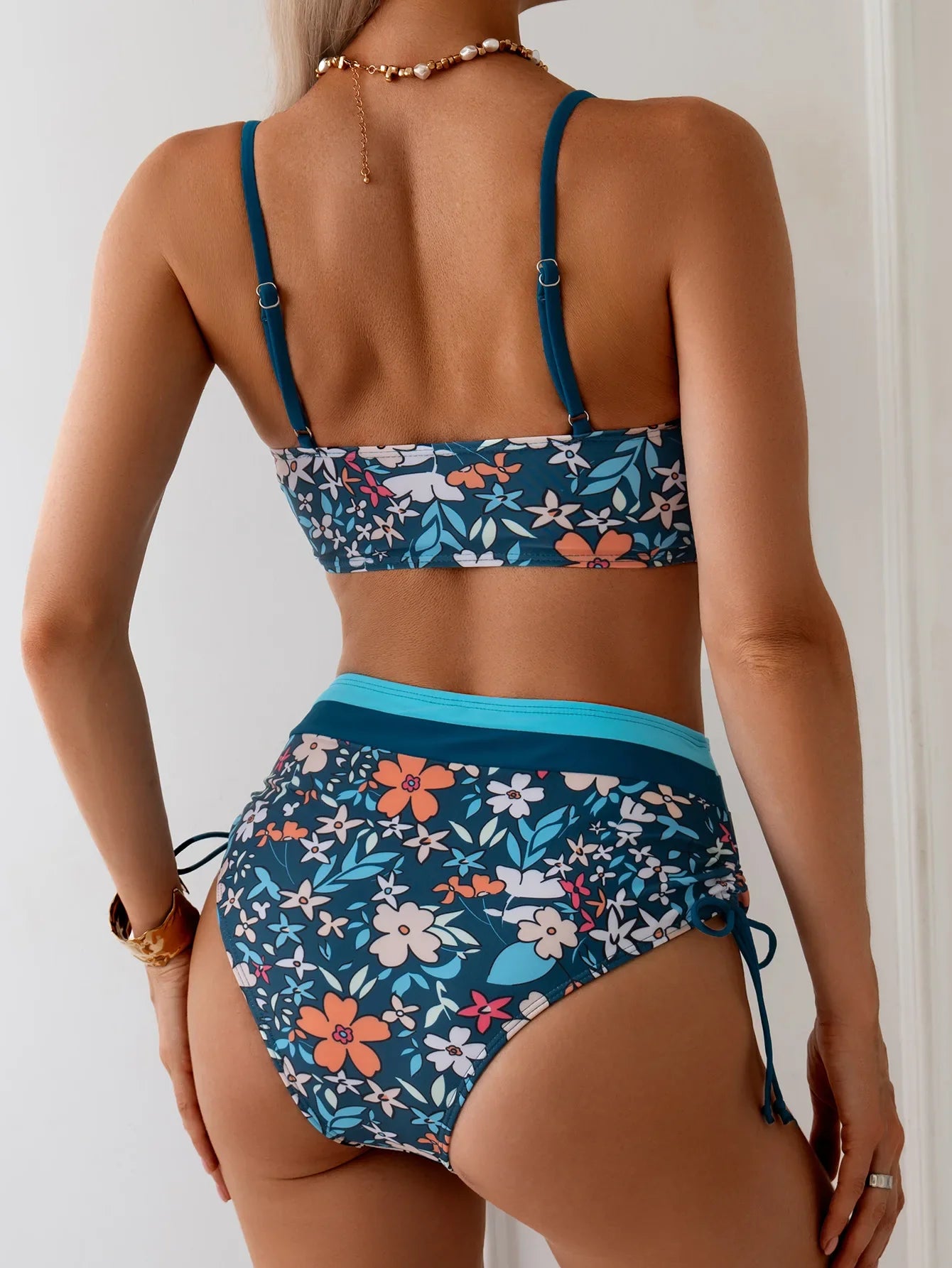 Vintage Blue Floral Print Bikini Women Hollow Out Push Up Drawstring Side High Waist Swimsuit Beach Bathing Suit Swimwear