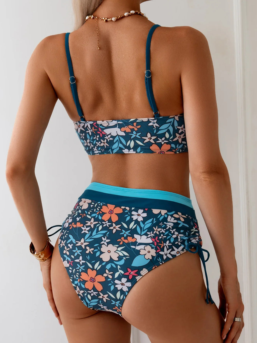 Vintage Blue Floral Print Bikini Women Hollow Out Push Up Drawstring Side High Waist Swimsuit Beach Bathing Suit Swimwear