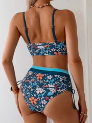 Vintage Blue Floral Print Bikini Women Hollow Out Push Up Drawstring Side High Waist Swimsuit Beach Bathing Suit Swimwear