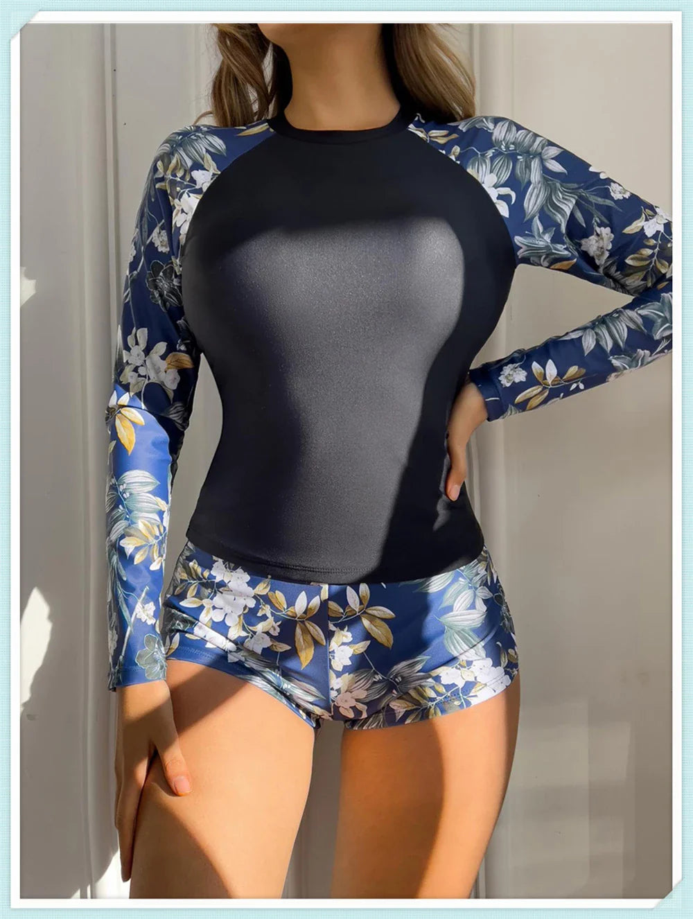 Long Sleeve Rash guard Swimsuit Women Tropical Printed Swimwear Two Pieces Diving Clothes Bathing Suit Surfing Beachwear