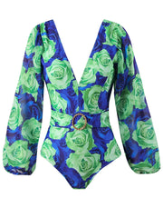 Rose Print V Neck Long Sleeve Swimsuit Women One Piece Swimwear Female Beachwear Bathers Bathing Swimming Swim Suit