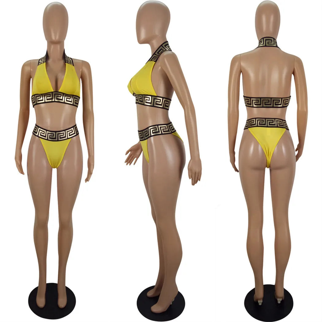 Print Black Push Up Bikini Two Pieces Set Women Swimwear Bandage Halter Swimsuit Bathing Suit