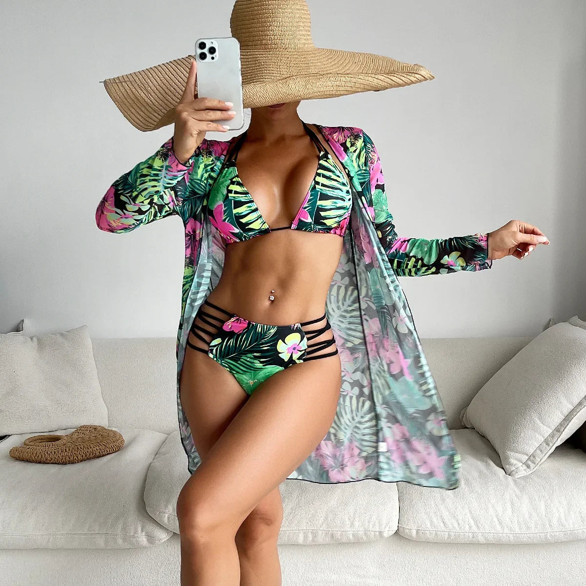 Print Swimsuit Women Hollow Out Bikini Bathing Suit Long Sleeve Cover-Ups Summer Swimwear Holiday Three-piece Beachwear Bikini