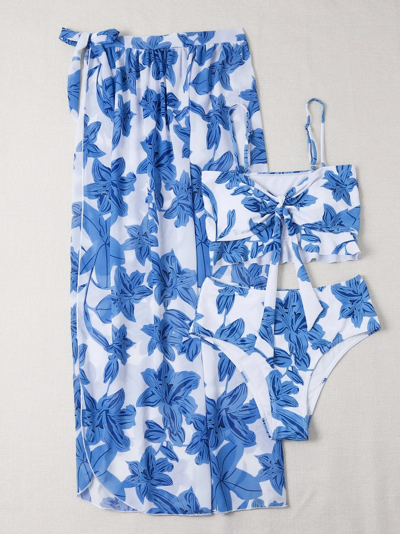 3 Pieces Floral Print Knot Front Bikinis Women Ruffle Swimwear Female High Waist Swimsuit With Beach Skirt Bathing Suit