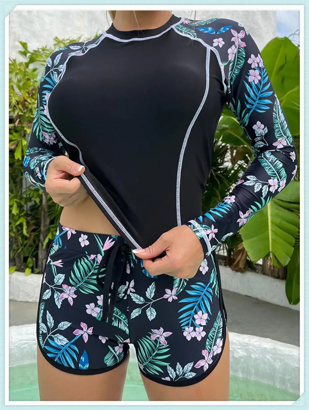 Long Sleeve Rash guard Swimsuit Women Tropical Printed Swimwear Two Pieces Diving Clothes Bathing Suit Surfing Beachwear