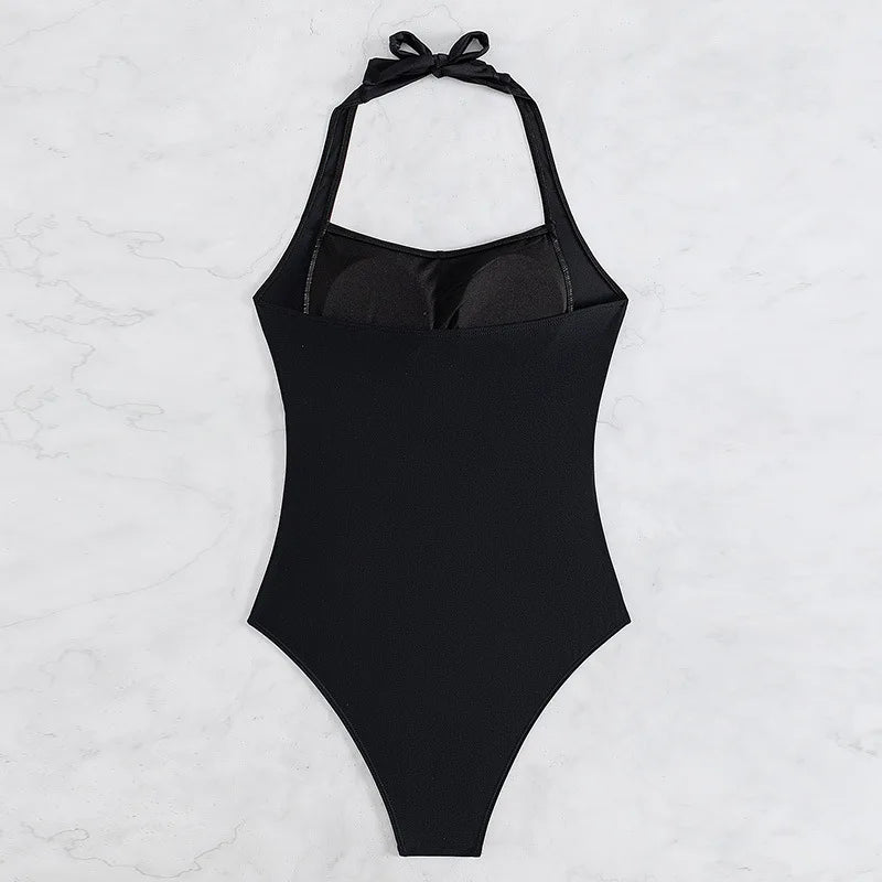 Halter Swimsuit Women One Piece Solid Black Swimwear Female Bathers Bathing Swimming Swim Suit Beachwear