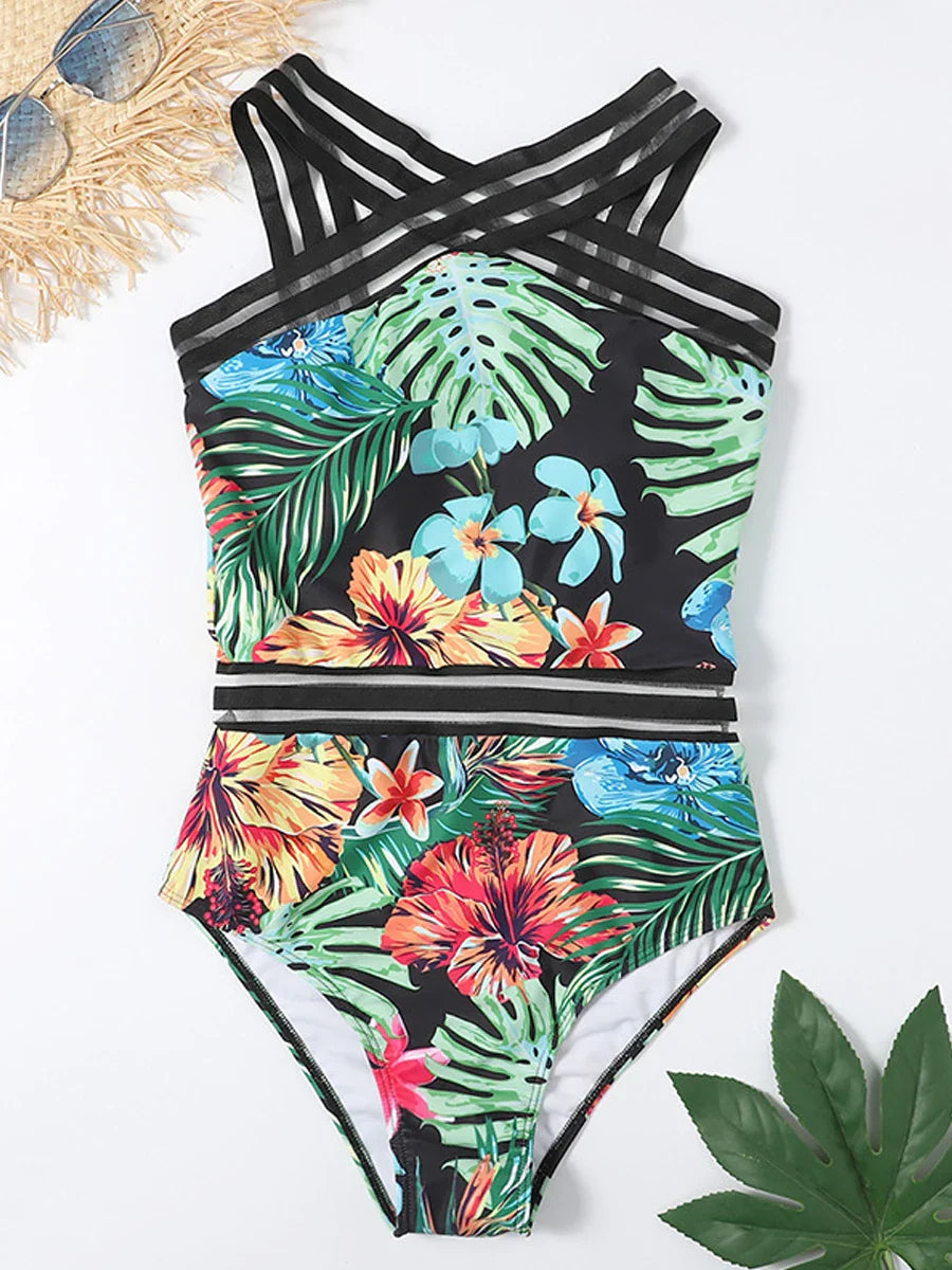 Solid Mesh Tape Swimsuit One Piece High Neck Swimwear Women Cross Front Bathing Suit Female Padded Beachwear Bodysuit