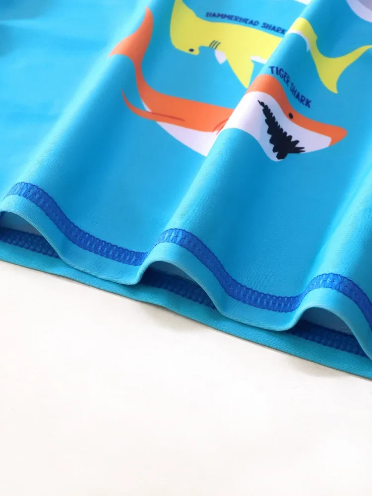 Boy Kids Swimsuit Cartoon Shark Striped Long Sleeves Children Swimwear Summer Two Piece Beachwear Bathing Suit Swimming