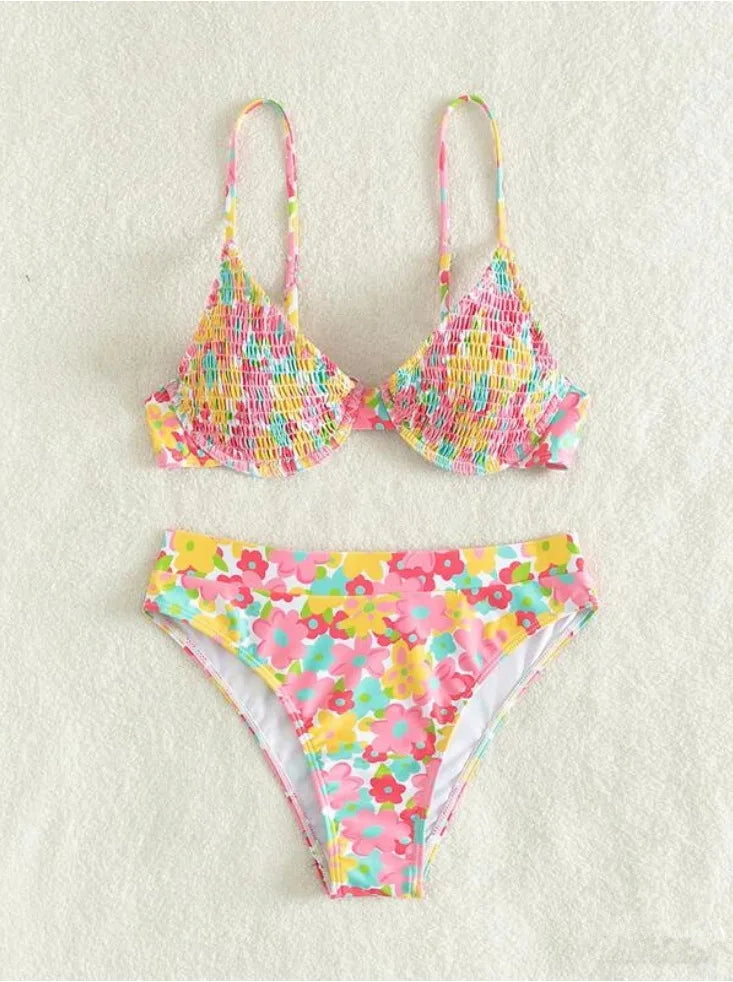 Bikini Women Swimsuit Floral Print Push Up Bikinis Set Thong Swimwear Smocked Summer Beachwear Bathing Suit Female