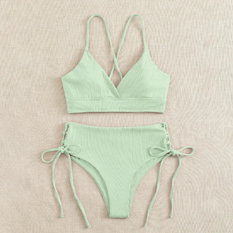 V-Neck Split Bikini Set for Women, Swimsuit, Lace Up, Triangular Bikinis, Solid Color, Beach Swimwear, Bathing Suit
