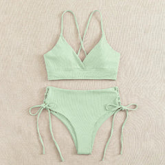 V-Neck Split Bikini Set for Women, Swimsuit, Lace Up, Triangular Bikinis, Solid Color, Beach Swimwear, Bathing Suit