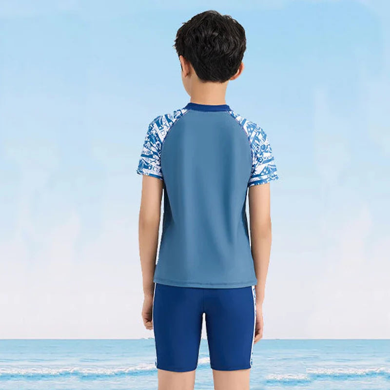 Summer Swimming Suit For Kids Boy Swim Sets Children Swimwear Short Sleeve Swimsuit Split Two Piece Beachwear Fast Dry Trunks