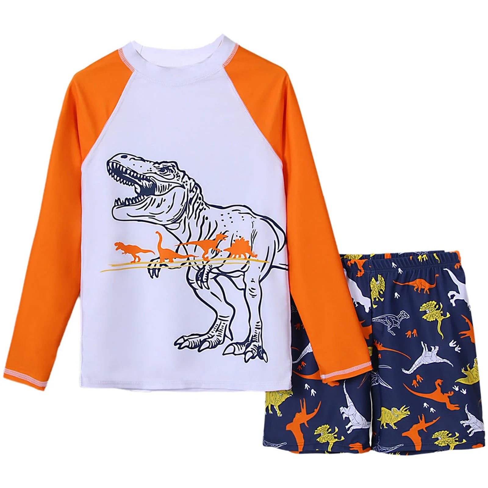 Kids Boys Two-Piece Bathing Suit Coconut Tree/Dinosaur/Geometric Printed Swimsuit Set Swimwear Long Sleeve T-shirt with Shorts