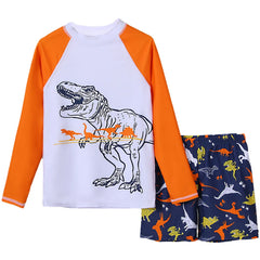 Kids Boys Two-Piece Bathing Suit Coconut Tree/Dinosaur/Geometric Printed Swimsuit Set Swimwear Long Sleeve T-shirt with Shorts