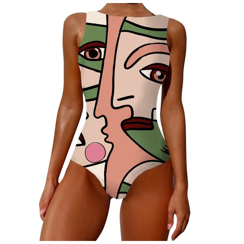 One Piece Swimwear Woman Fashion Abstract Pattern Print Backless Bodysuit Swimsuit Brazilian Beach Bathing Suits