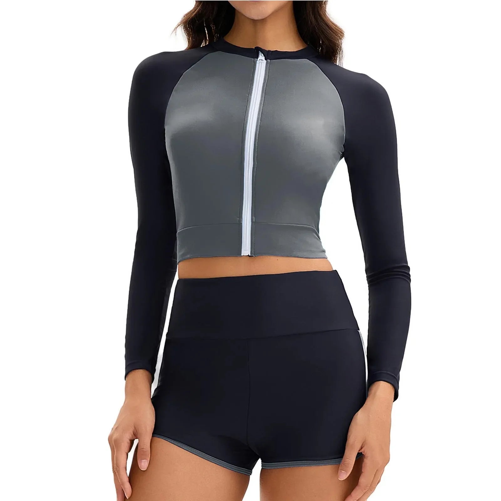Women 2 Pieces Color Block Swimsuit Outfit Long Sleeve Bra Surf Zip Up Swim Top with Shorts Swimming Surfing Beach Bathing Suits
