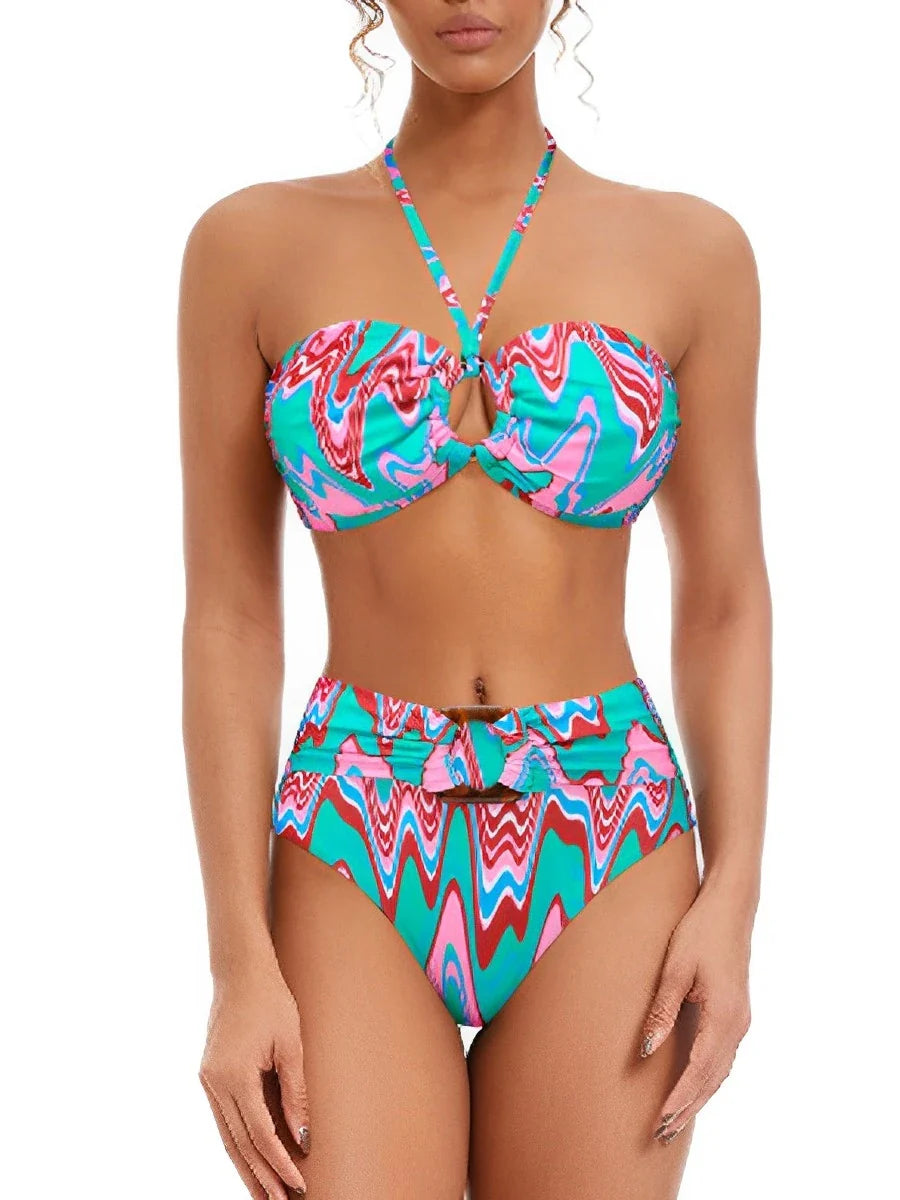 Halter Bandeau Bikini Women High Waist Swimsuit Female Padded Swimwear Bathers Bathing Swimming Swim Suit Summer Beachwear