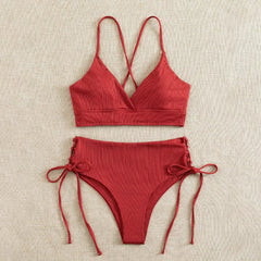 V-Neck Split Bikini Set for Women, Swimsuit, Lace Up, Triangular Bikinis, Solid Color, Beach Swimwear, Bathing Suit