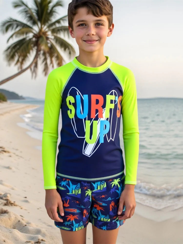 Boys Kids Swimsuit Letter Coconut Tree Print Long Sleeves Children Swimsuit Summer Beach Shorts Bathing Suit Swimming