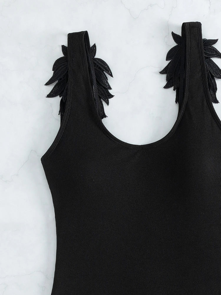 Solid Strapped Swimwear Women 3D Embroidered Wings One Piece Swimsuit Monokini Push UP Summer Bathing Suit