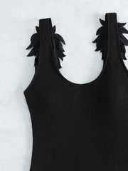 Solid Strapped Swimwear Women 3D Embroidered Wings One Piece Swimsuit Monokini Push UP Summer Bathing Suit