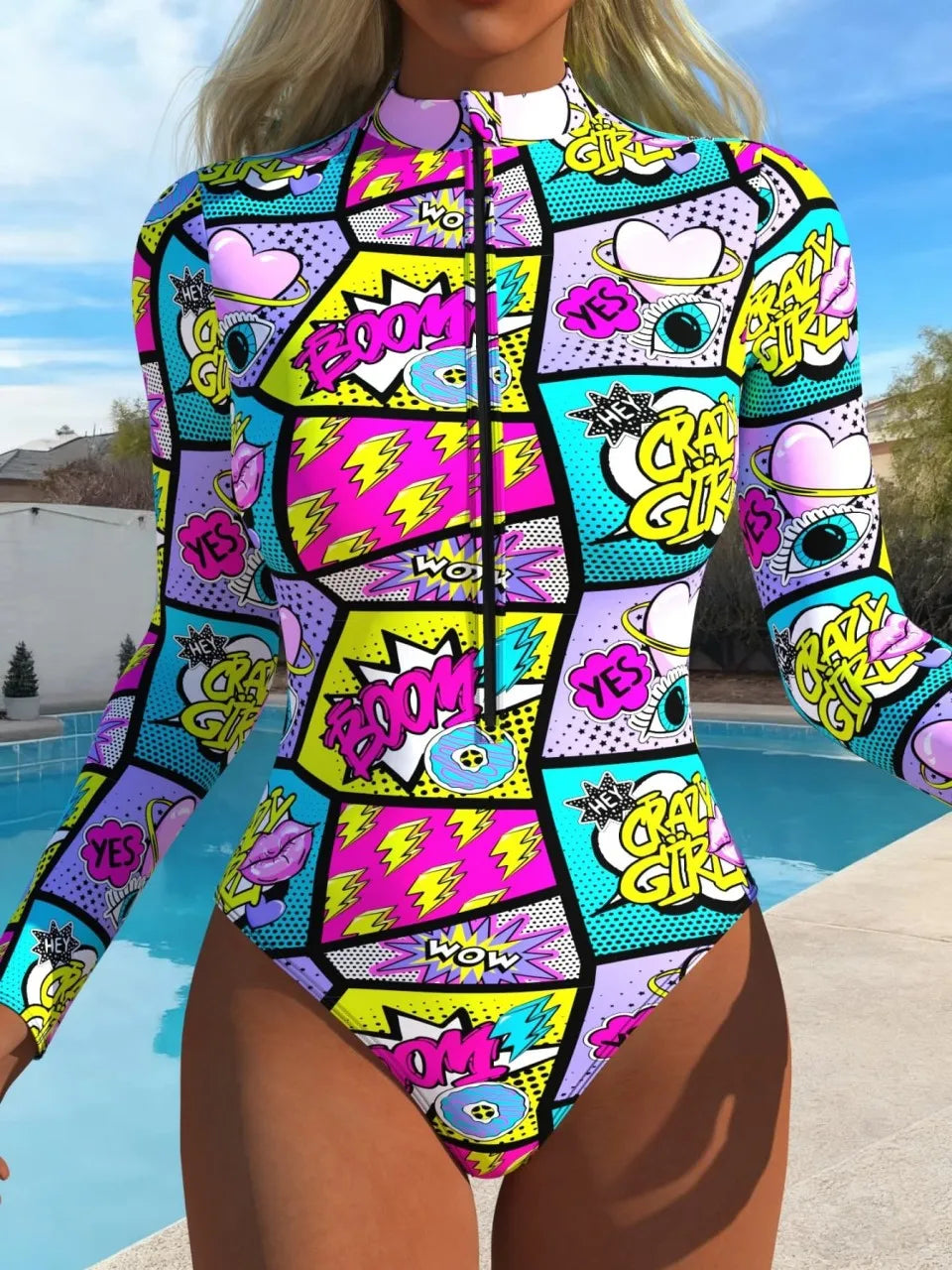 Slim Rash Guard Long Sleeve Surfing Swimsuit Women With Zipper Printed Swimwear Female Bathers Bathing Swimming Suit XXL