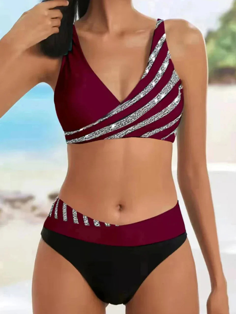 V Neck Bikini Set Women Stripe Print Patchwork Swimwear Summer Beachwear Swimsuit Female Bathers Bathing Swimming Suit 2XL