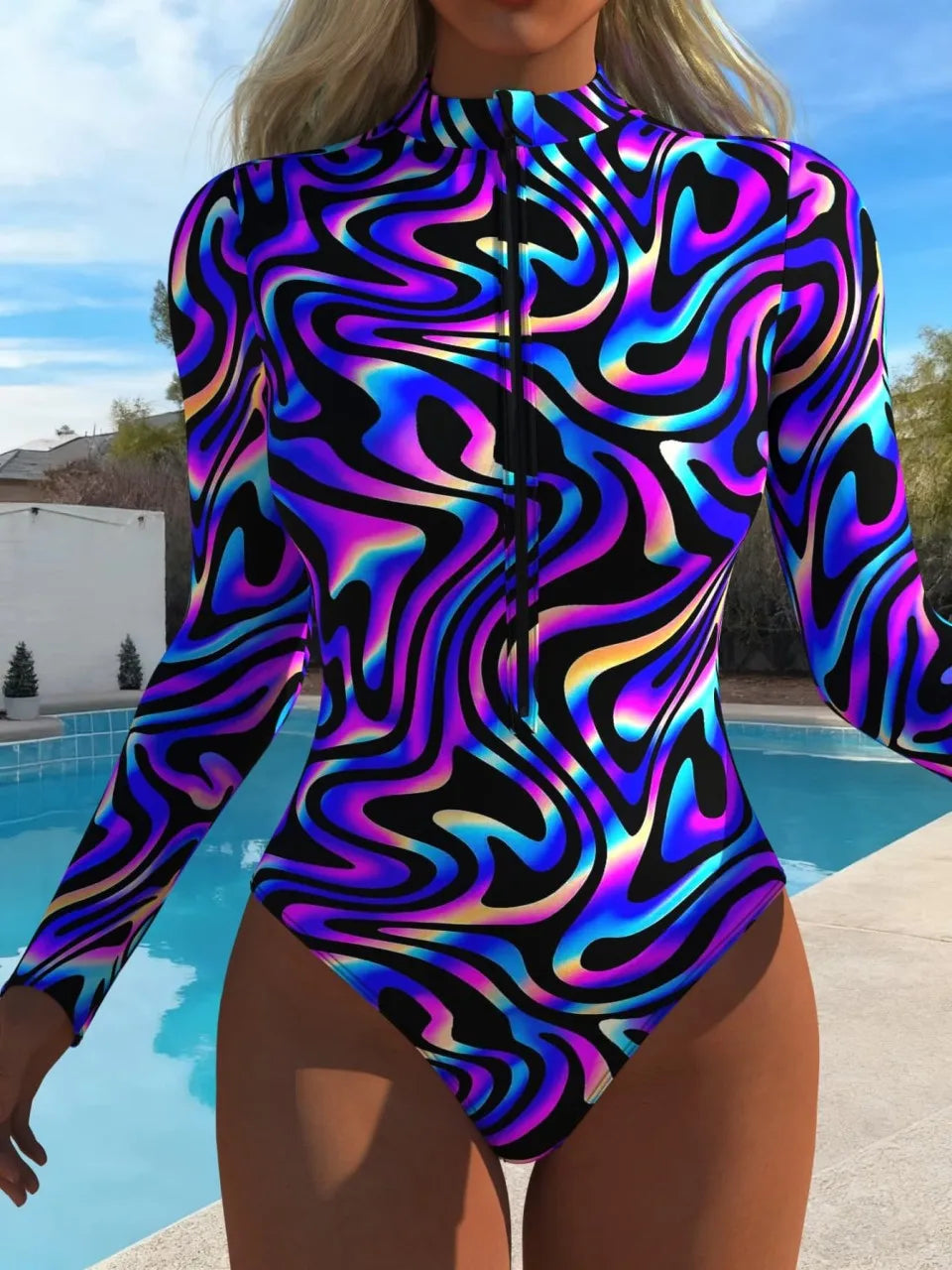 Slim Rash Guard Long Sleeve Surfing Swimsuit Women With Zipper Printed Swimwear Female Bathers Bathing Swimming Suit XXL