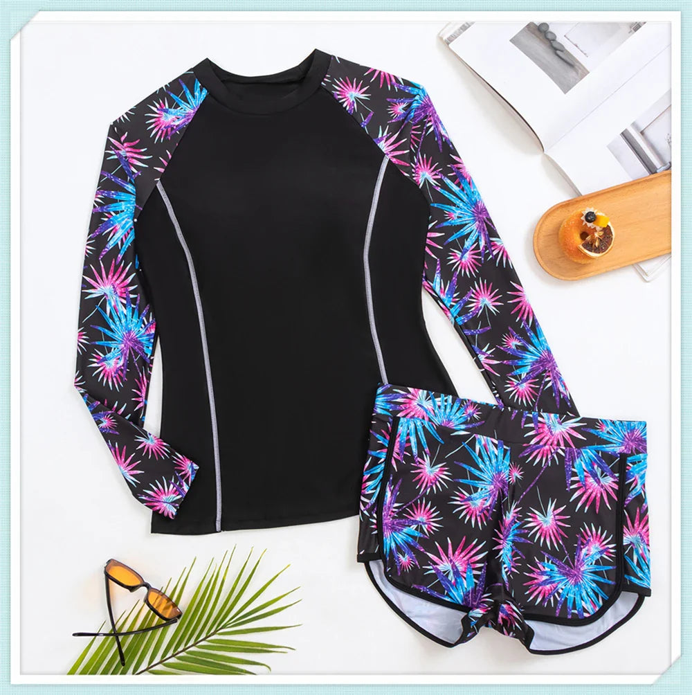 Long Sleeve Rash guard Swimsuit Women Tropical Printed Swimwear Two Pieces Diving Clothes Bathing Suit Surfing Beachwear