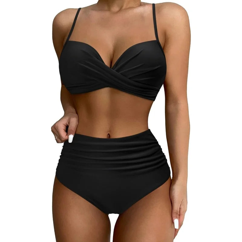 Women High Waist Bikini Swimsuit Two-pieces Simple Classic Sexy Bikini Push Up 2025 New Fashion Vacation Beachwear Bathing Suit