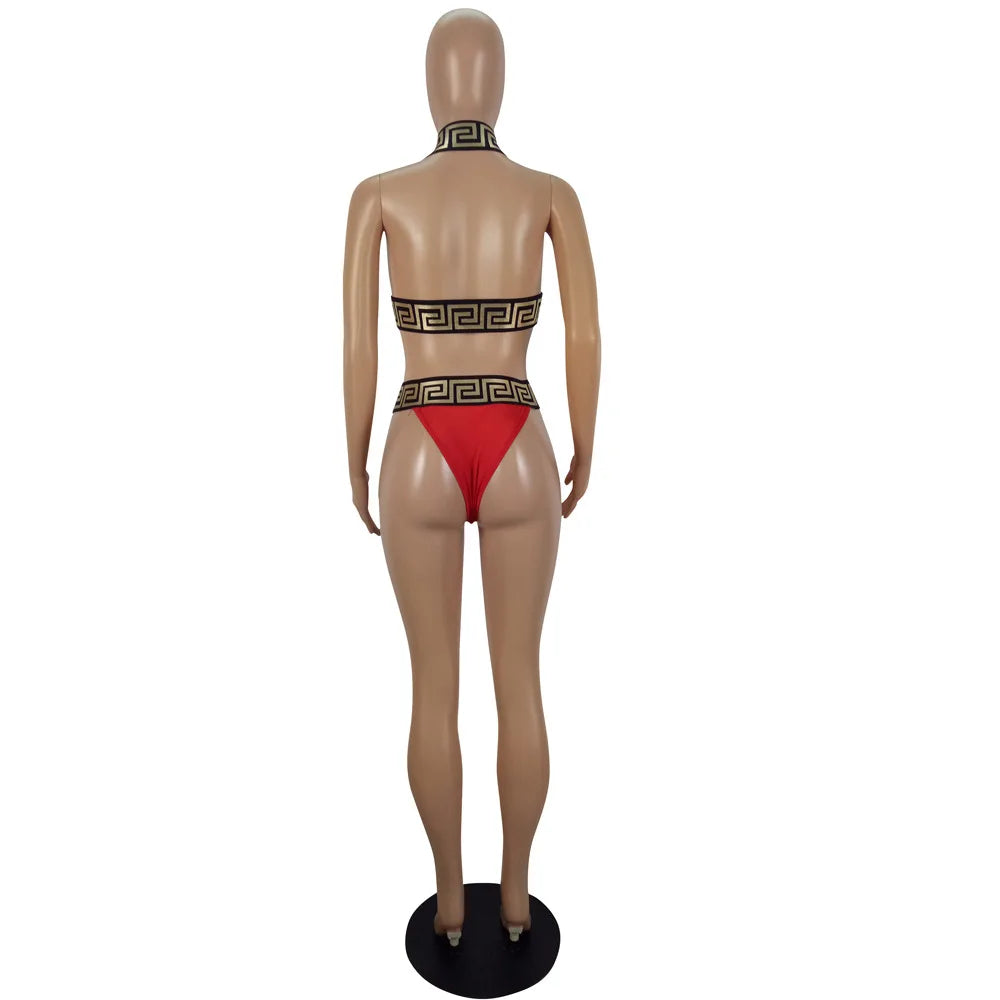 Print Black Push Up Bikini Two Pieces Set Women Swimwear Bandage Halter Swimsuit Bathing Suit