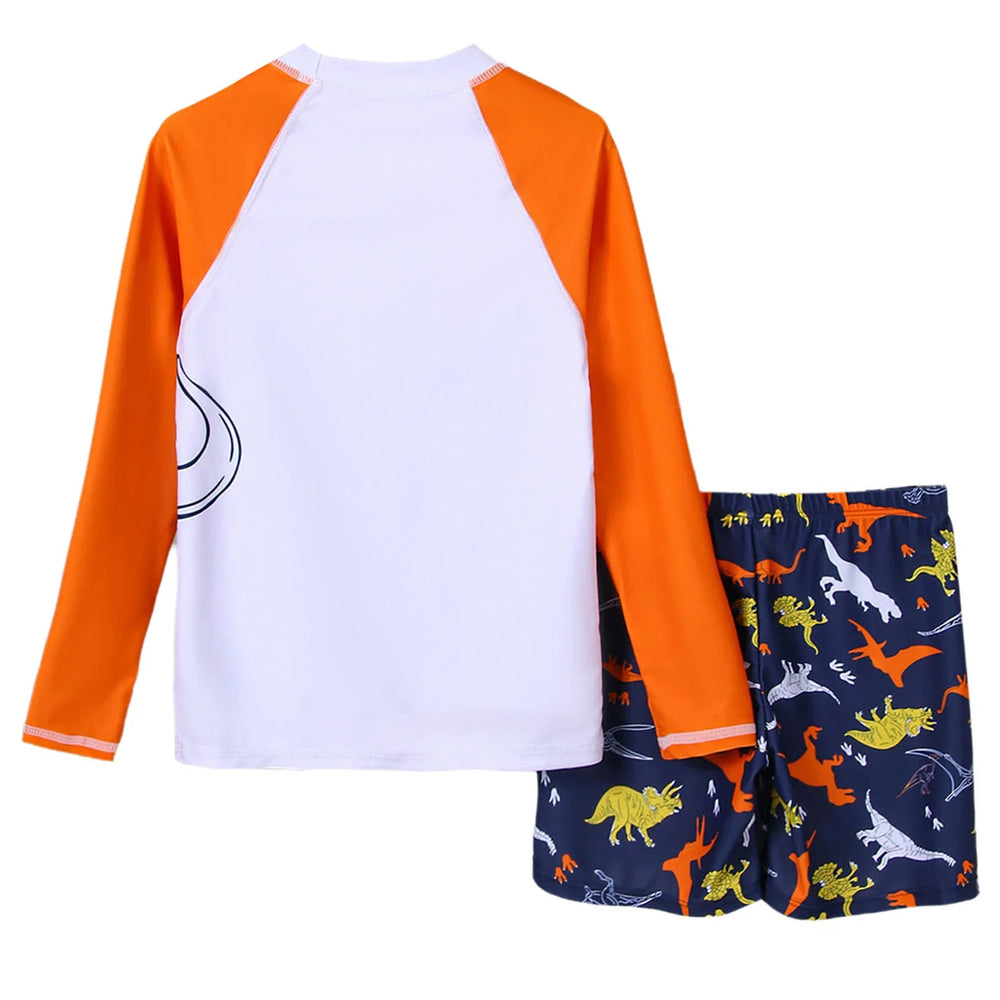 Kids Boys Two-Piece Bathing Suit Coconut Tree/Dinosaur/Geometric Printed Swimsuit Set Swimwear Long Sleeve T-shirt with Shorts