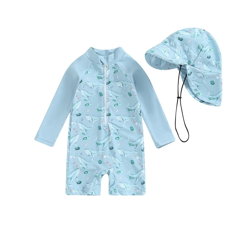 Tregren Toddler Boys Rash Guard Swimsuit Long Sleeve Turtle/Dinosaur Print Infant Bathing Suit Swimwear with Swim Caps Beachwear