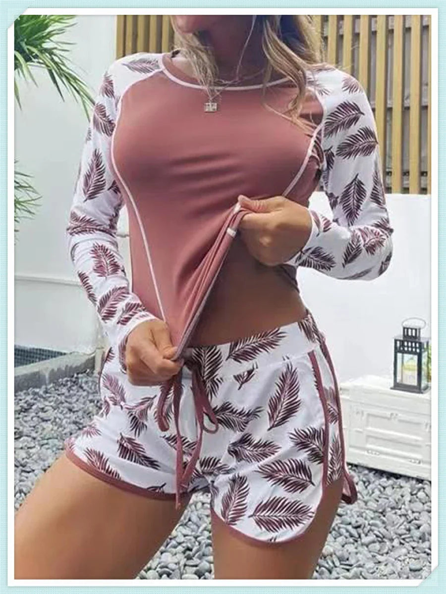 Long Sleeve Rash guard Swimsuit Women Tropical Printed Swimwear Two Pieces Diving Clothes Bathing Suit Surfing Beachwear