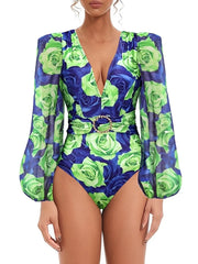 Rose Print V Neck Long Sleeve Swimsuit Women One Piece Swimwear Female Beachwear Bathers Bathing Swimming Swim Suit