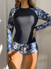 Long Sleeve Rash guard Swimsuit Women Tropical Printed Swimwear Two Pieces Diving Clothes Bathing Suit Surfing Beachwear