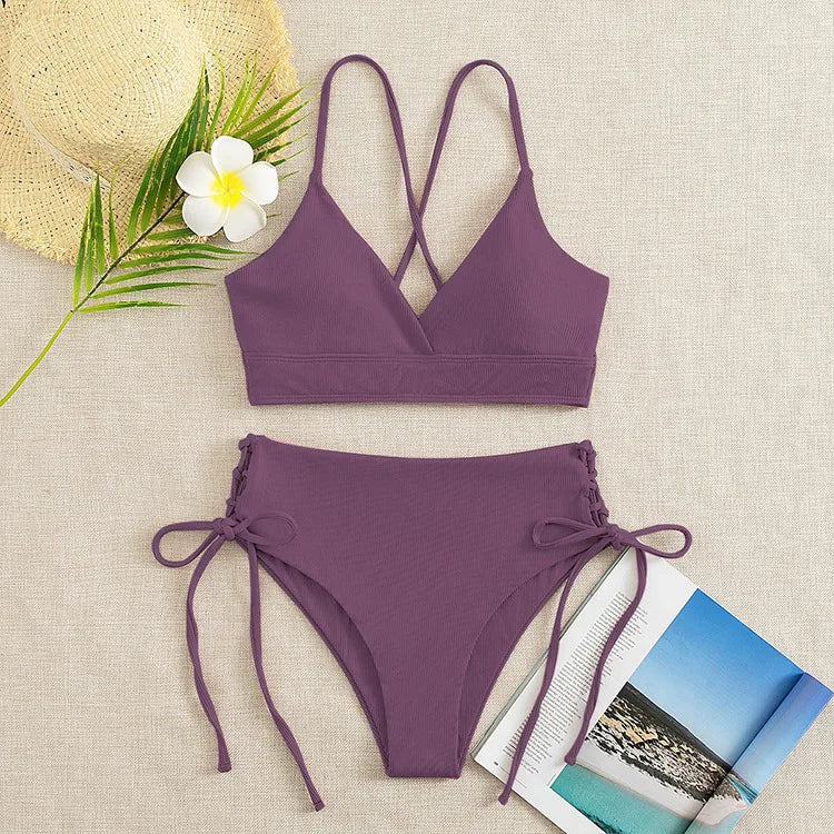 V-Neck Split Bikini Set for Women, Swimsuit, Lace Up, Triangular Bikinis, Solid Color, Beach Swimwear, Bathing Suit
