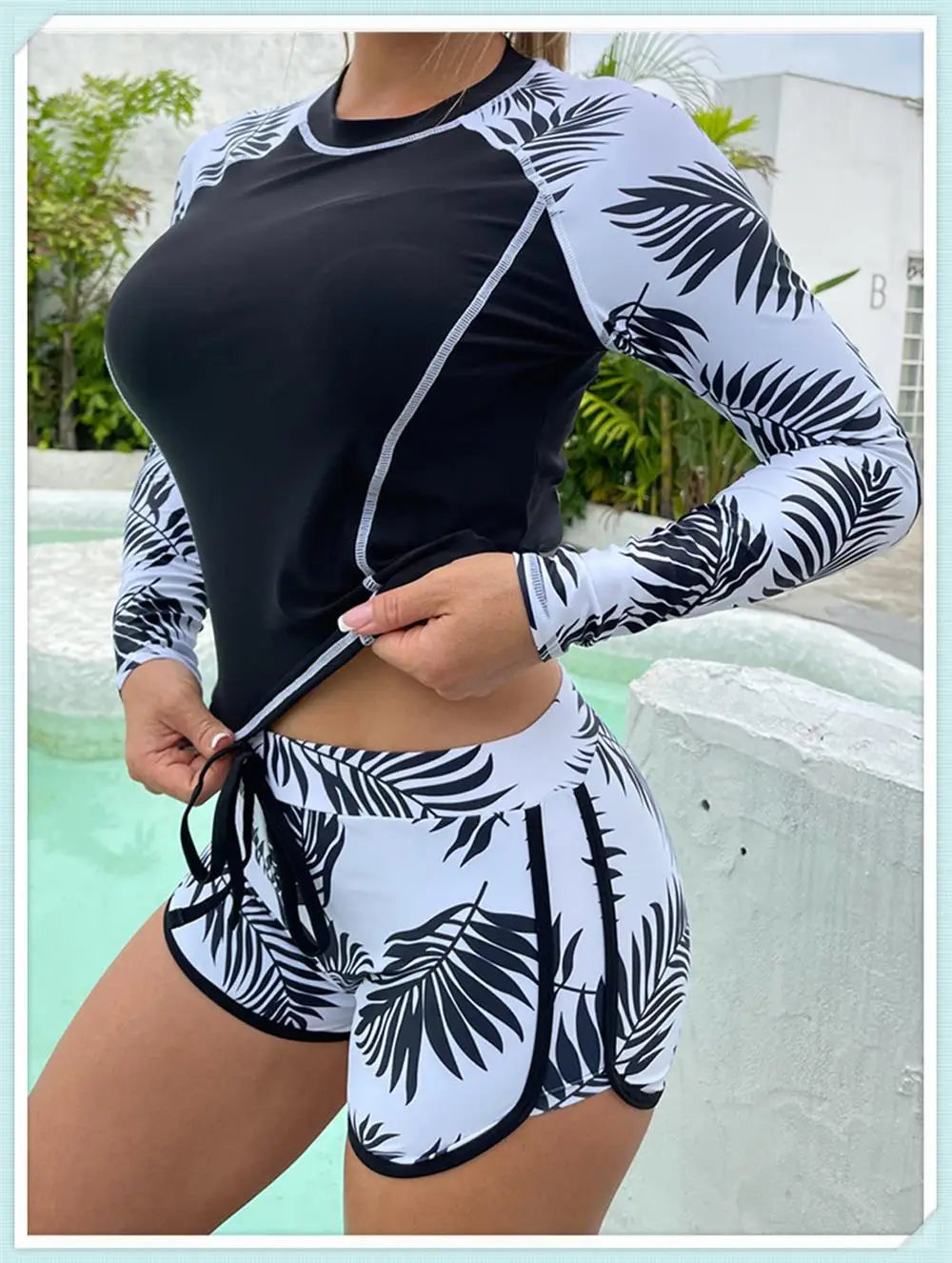Long Sleeve Rash guard Swimsuit Women Tropical Printed Swimwear Two Pieces Diving Clothes Bathing Suit Surfing Beachwear
