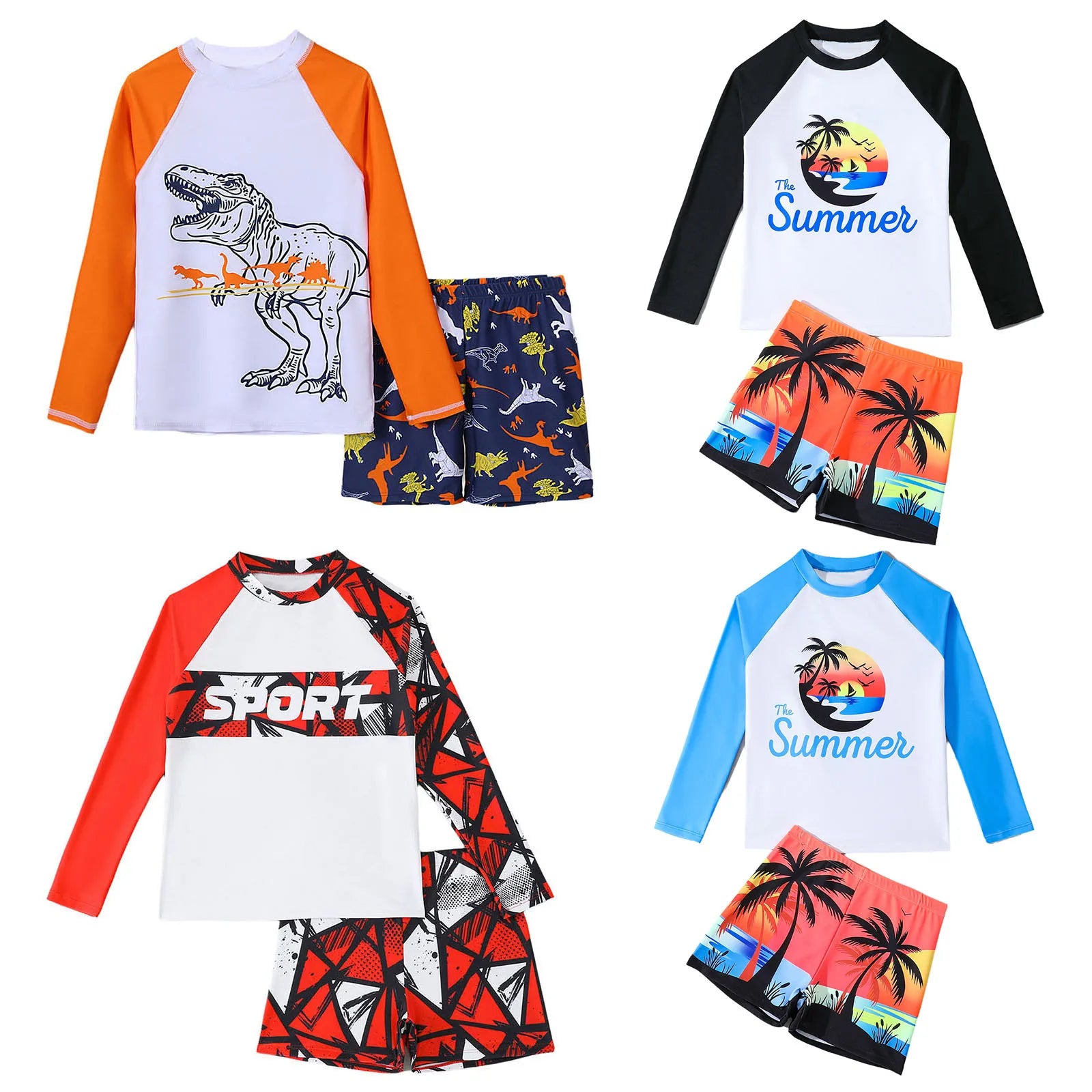 Kids Boys Two-Piece Bathing Suit Coconut Tree/Dinosaur/Geometric Printed Swimsuit Set Swimwear Long Sleeve T-shirt with Shorts