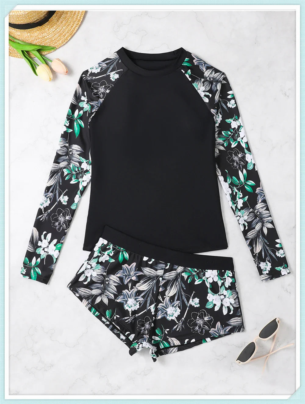 Long Sleeve Rash guard Swimsuit Women Tropical Printed Swimwear Two Pieces Diving Clothes Bathing Suit Surfing Beachwear