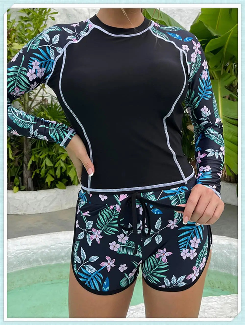Long Sleeve Rash guard Swimsuit Women Tropical Printed Swimwear Two Pieces Diving Clothes Bathing Suit Surfing Beachwear