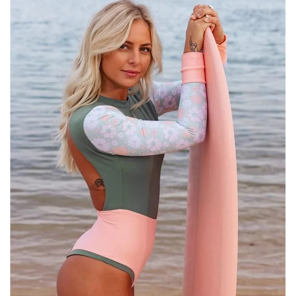Coloured Flowers Long Sleeves Swimwear Women Surfing Swimsuits