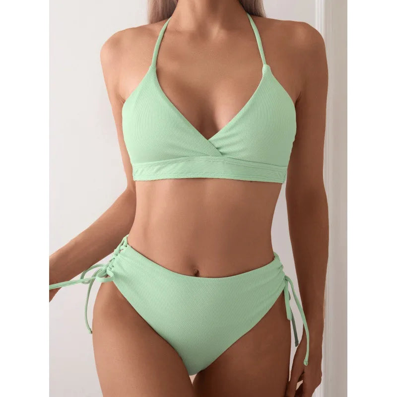 V-Neck Split Bikini Set for Women, Swimsuit, Lace Up, Triangular Bikinis, Solid Color, Beach Swimwear, Bathing Suit