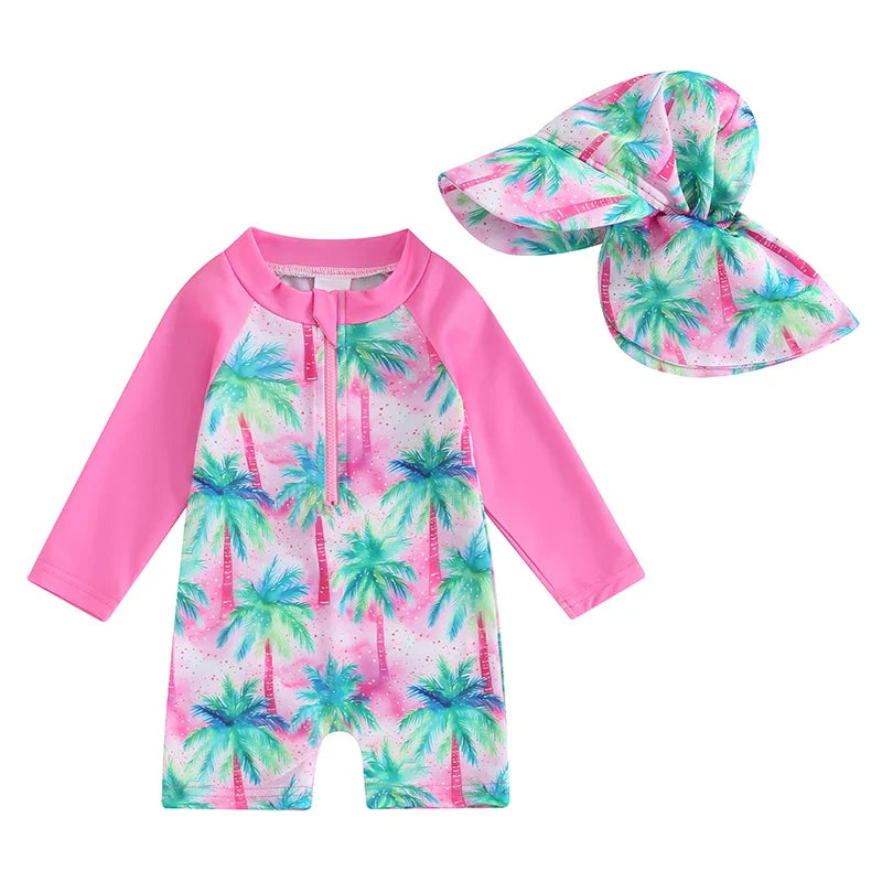 Tregren Toddler Boys Rash Guard Swimsuit Long Sleeve Turtle/Dinosaur Print Infant Bathing Suit Swimwear with Swim Caps Beachwear